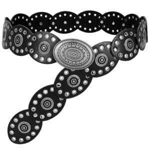 3968 Women Disc Concho Leather Belt Western Cowgirl Hollow Belt Vintage Boho